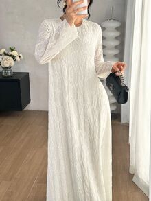 Yasmyna Solid Color Soft Style 3D Jacquard Long Sleeve Robe, Round Neck Loose Fit Full Skirt - Beige - View 2