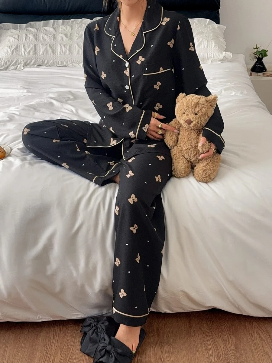 Dream Adore Cute Cartoon Bear Print Open Front Lapel Women's Pajama Set - Black - View 1