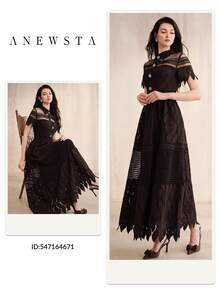 Anewsta Gaun Panjang Elegan Wanita Lengan Pendek dengan Desain Kancing dan Jala Renda Kontras - Coffee Brown - View 8