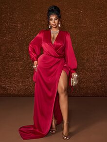Maweii Plus Size Women's Sexy High Slit Extra Long Party Dress Long Sleeve Ribbon Solid Color Fall - Red - View 1