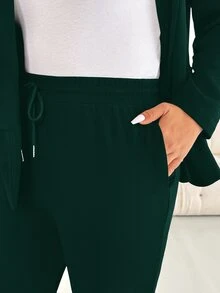 Shapeblank Plus Size Women Solid Color Shawl Collar Long Sleeve Jacket And Pants Casual 2 Pieces Set - Dark Green - View 5