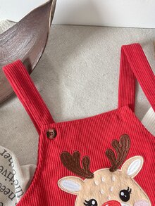 SHEIN 女童小女孩鹿圖案紅色燈芯絨卡通刺繡秋季洋裝 - 紅色 - 查看 6