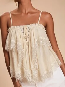 Travachic Women's Contrast Lace Ruffle Front Tie Fashion Camisole Top - Apricot - View 5