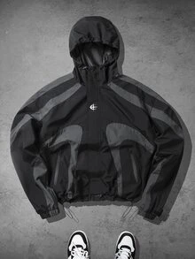 Manfinity EMRG Men's Striped Colorblock Long Sleeve Loose Fit Hooded Jacket - Black - View 1