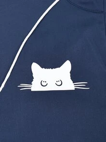SHEIN 青少年女孩寬鬆對比滾邊卡通貓運動服休閒拉鍊外套與寬腿長褲2件套 - 藏蓝色 - 查看 4