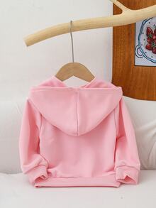 SHEIN 嬰兒女童休閒純色保暖內裡連帽拉鍊外套，適合秋冬穿著 - 粉色 - 查看 3