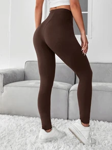 SHEIN PETITE 純色高腰緊身黑色內搭褲 - 咖啡棕 - 查看 2
