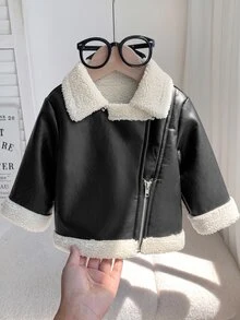 SHEIN 新生兒黑色PU保暖內裡夾克外套 街頭風可愛休閒 秋冬款 - 黑色 - 查看 7