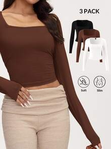 SHEIN BASICS 3件組女款素色方領長袖修身百搭T恤 - 彩色 - 查看 3
