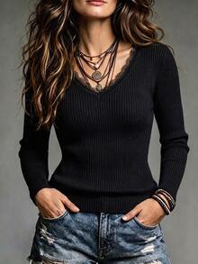 SHEIN LUNE Women's Solid Color Contrast Lace V-Neck Long Sleeve Slim Fit Sweater - Black - View 1