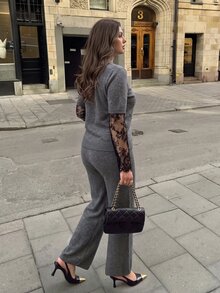 Firerie Women's 2 Pieces Knit Set With Lace Patchwork Round Neck Short Sleeve Textured Sweater And Draped Long Pants Winter - Grey - View 2