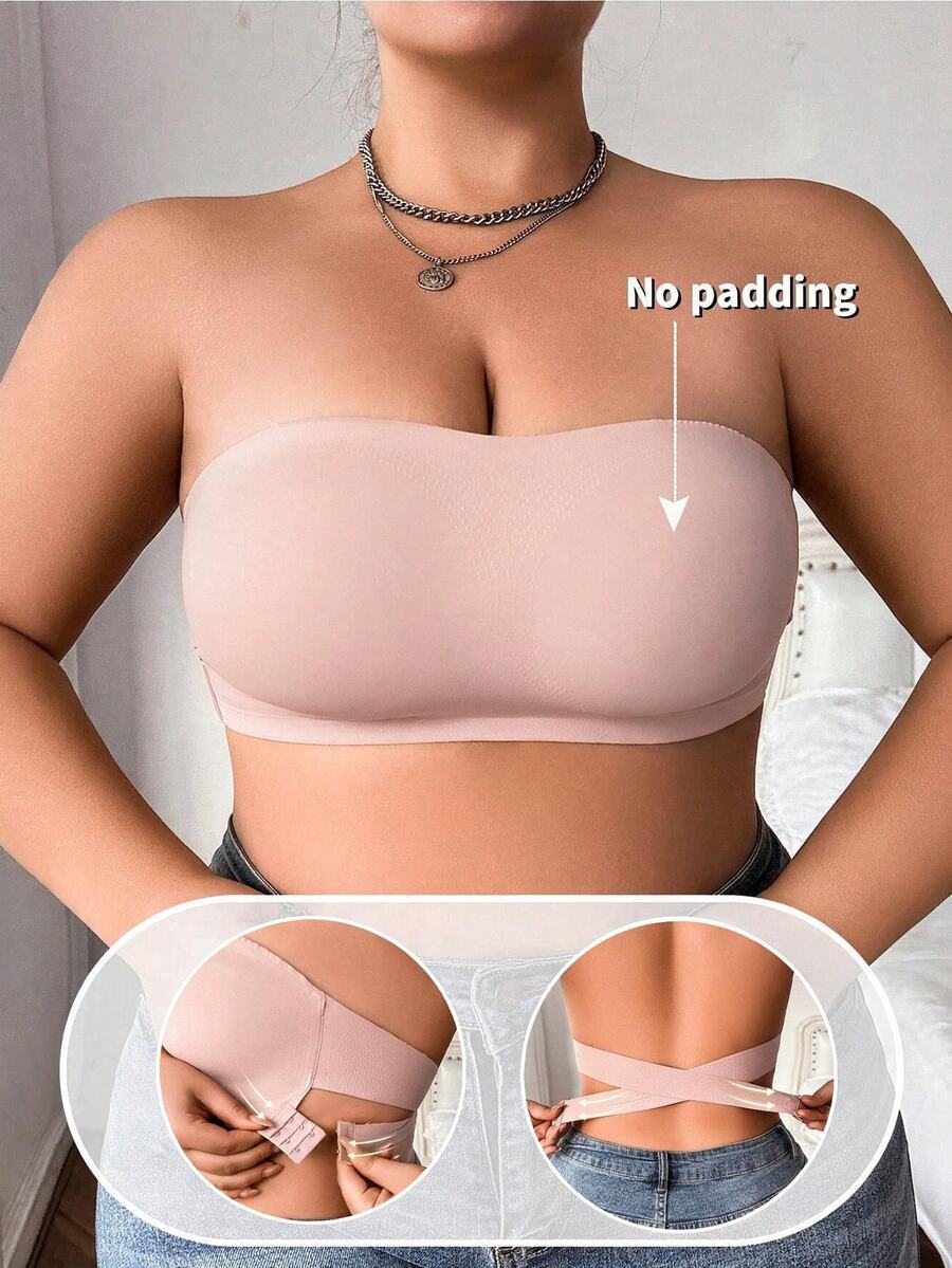 SHEIN Plus Size Strapless Women's Bra With Cross Buckle, Wire-Free Bandeau Bra, Anti-Slip, 1pc - Baby Pink - View 1