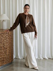 Modelyn Women's Color Block Scarf Tie Round Neck Long Sleeve Sweater, Autumn/Winter - Coffee Brown - View 6
