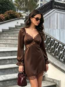 SHEIN PariChic Women's Sexy Lace Patchwork Asymmetrical Hem Dress - Brown - View 4
