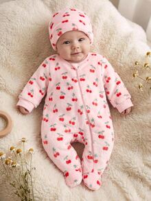 SHEIN Newborn Baby Girl Colorful Floral Pattern Round Neck Long Sleeve Thermal Lined Thick Autumn Winter Romper - Pink - View 6