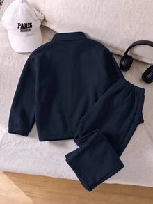 SHEIN Genkimix Kids 2件組少女針織衛衣 單面刷毛半拉鍊上衣 休閒經典百搭淺灰色 - 藏蓝色 - 查看 2