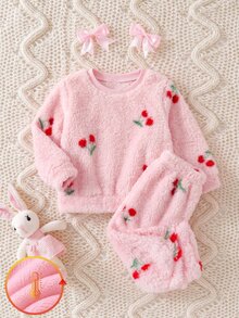 SHEIN 4pcs Baby Girl Pink Bow Embroidery Pullover Round Neck Top Cherry Plush Outfit Set Suitable For Winter - Pink - View 3