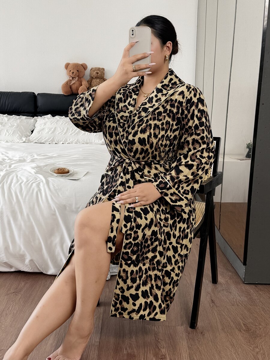 Napfluff CURVE Napfluff CURVE Minimalist Tie Waist Leopard Print Plus Size Loungewear Robe - Multicolor - View 1
