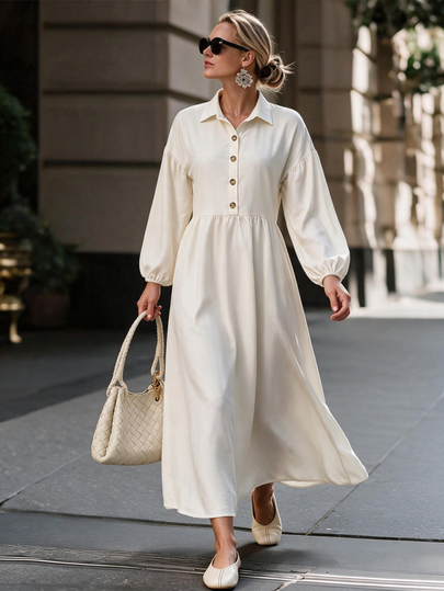 Louniche Casual Lantern Sleeve Shirt Collar Apricot Long Dress For Women