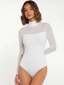 SHEIN BASICS Bodysuit Wanita Warna Polos Kerah Tinggi dengan Detail Jala Kontras Lengan Panjang - Putih - View 7