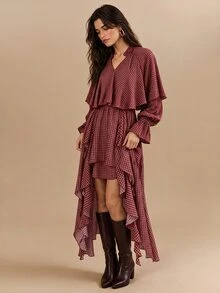 CielaLinda Women's Red And Black Plaid Ruffle Boho Dress, Long Sleeve Flowy Vacation Fall - Red - View 6