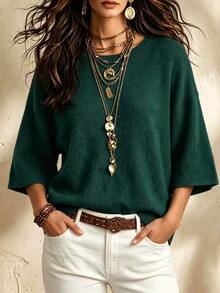 SHEIN Casual Loose Round Neck 3/4 Sleeve Knit Basic Batwing Sleeve Design Gray Women's Spring/Autumn Knit Top - Dark Green - View 3
