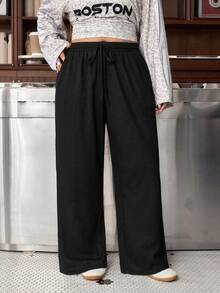 Muchica Women's Plus Size Summer Silk Ultra-Thin Functional Knit Ribbed Fabric Skin-Friendly Smooth Non-Linting Solid Color Daily Sports Basic Casual With Pockets Front Drawstring Elastic Waist High Waist Slimming Straight Leg Loose Fit Long Pants - Black - View 3