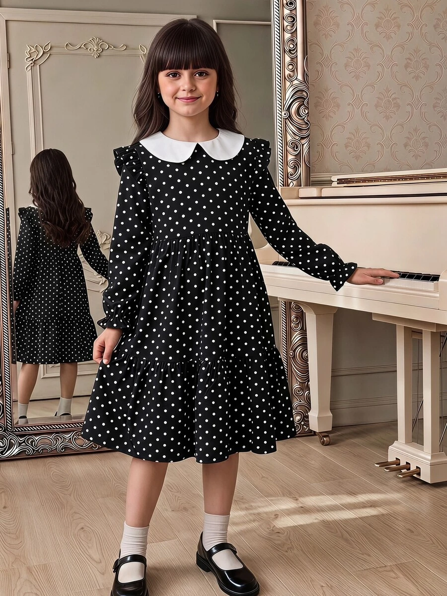 SHEIN Tween女孩秋冬梭織黑色波點印花拼接色塊彼得潘領長袖荷葉邊拼接洋裝,適合休閒、度假、返校、派對、日常穿著 - 黑色 - 查看 1
