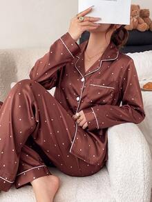 Napfluff Women's Minimalist Elegant Polka Dot Print Long Sleeve Pants Pajama Set - Brown - View 3