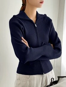 DAZY 女款商務休閒純色翻領前開襟針織外套 - 藏蓝色 - 查看 5