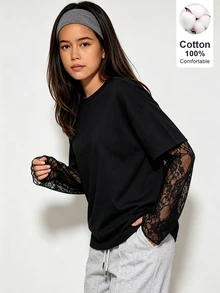 SHEIN 青少年女孩長袖純棉黑色T恤，100%純棉材質，對比蕾絲袖口，假兩件式袖子，高克重秋冬百搭新款休閒內搭T恤。時尚寬鬆休閒風格，開學季新款針織設計。四季百搭內層萬能熱銷款 - 黑色 - 查看 6