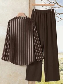 SHEIN CURVE+ Plus Size 22w Women's Summer Casual Striped Shirt And Solid Color Pants 2 Pieces Set - Multicolor - View 2