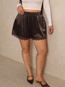Elaquor Plus Size Women's Solid Color Elastic Waist Pocket Contrast Lace Shorts Elegant Daily Going Out Shorts Women Fall/Winter Casual Vacation Brown Shorts - Brown - View 3