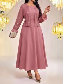 Fleurora Plus Size Women's Sequin Ruffle Cuff Open Front Jacket And Dress Elegant 2 Pieces Set - Dusty Pink - View 5