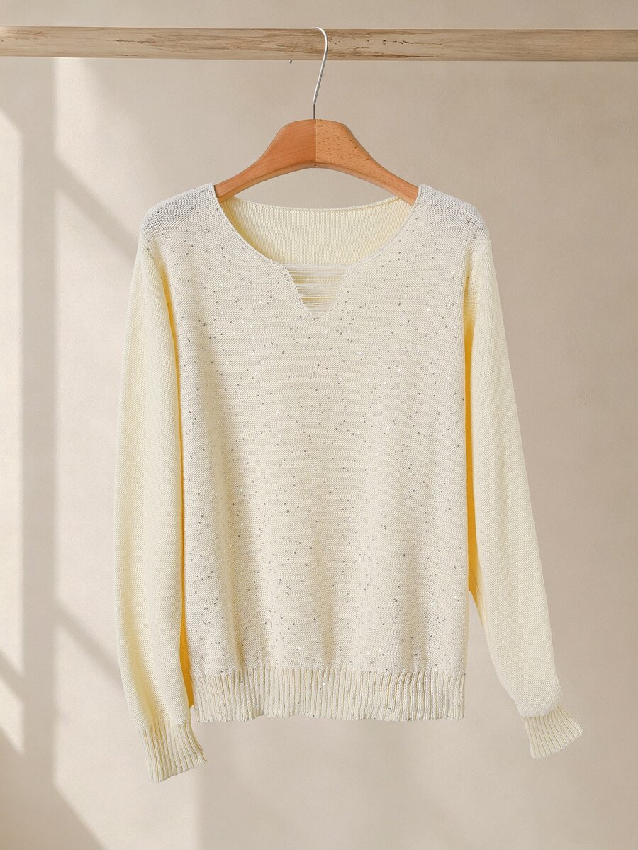 Rusticease Women's Solid Color Long Sleeve Sequin Loose Sweater - White - View 1