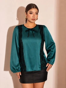 Cravure Green Plus Size Shirt With Lace Trim Design - Dark Green - View 4