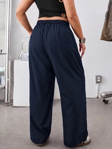 SHEIN EZwear 海軍藍純色斜口袋休閒基礎大尺碼西裝長褲，秋冬款 - 藏蓝色 - 查看 2