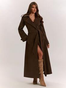 SHEIN BAE Women's Solid Color Lapel Neck Long Sleeve Pocket Casual Long Trench Coat Jacket - Brown - View 6