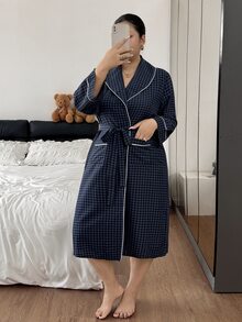 Napfluff CURVE Napfluff CURVE Minimalist Tie Waist Plaid Plus Size Loungewear Robe - Multicolor - View 5