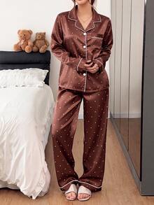 Napfluff Women's Minimalist Elegant Polka Dot Print Long Sleeve Pants Pajama Set - Brown - View 6