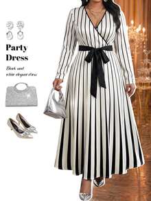 Fleurora Plus Size Women's Elegant Striped Dress With Overlap V-Neck And Waist Tie Fall - Black and White - View 6
