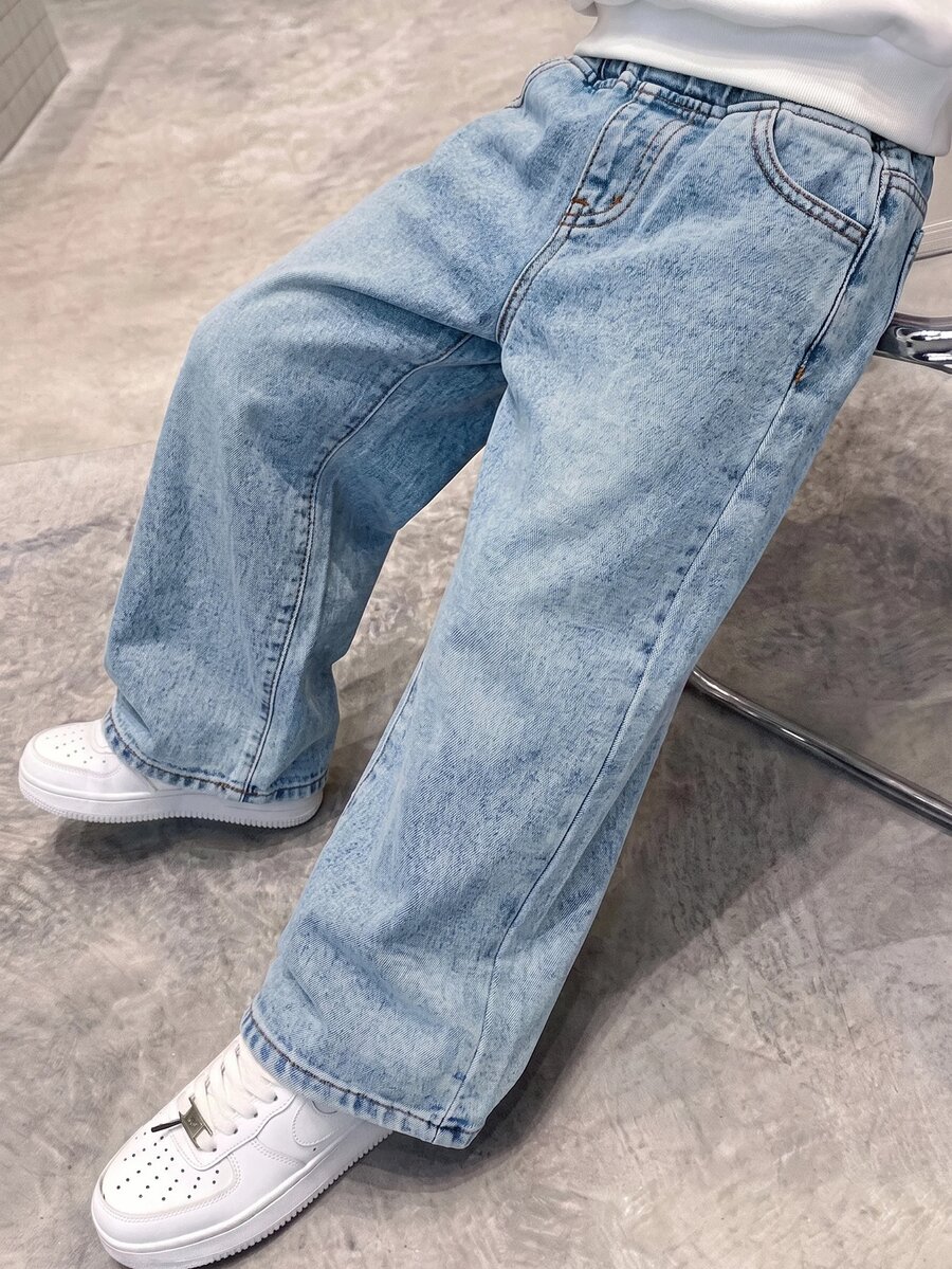 Young Boy Fall/Winter Distressed Vintage Basic Elastic Waist Wash Blue Denim Loose Jeans, For Daily & Streetwear - Light Wash - View 1