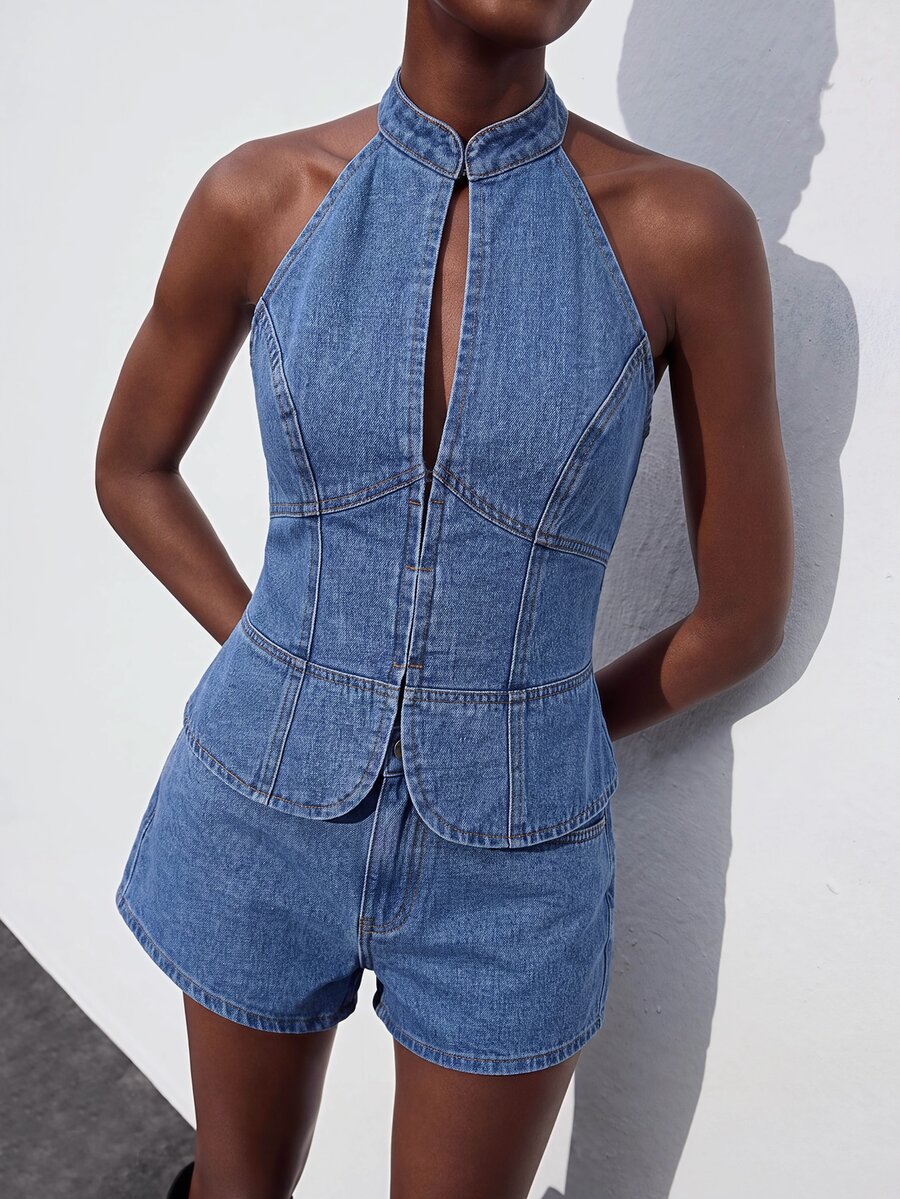 Maija Women's Front Button Halter Neck Fashion Denim Top - Blue - View 1