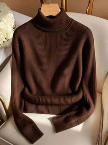 Resyla Autumn/Winter Ribbed Turtleneck New Elegant Casual Knit T-Shirt, Minimalist Fashion Solid Color Knit Sweater - Coffee Brown - View 2