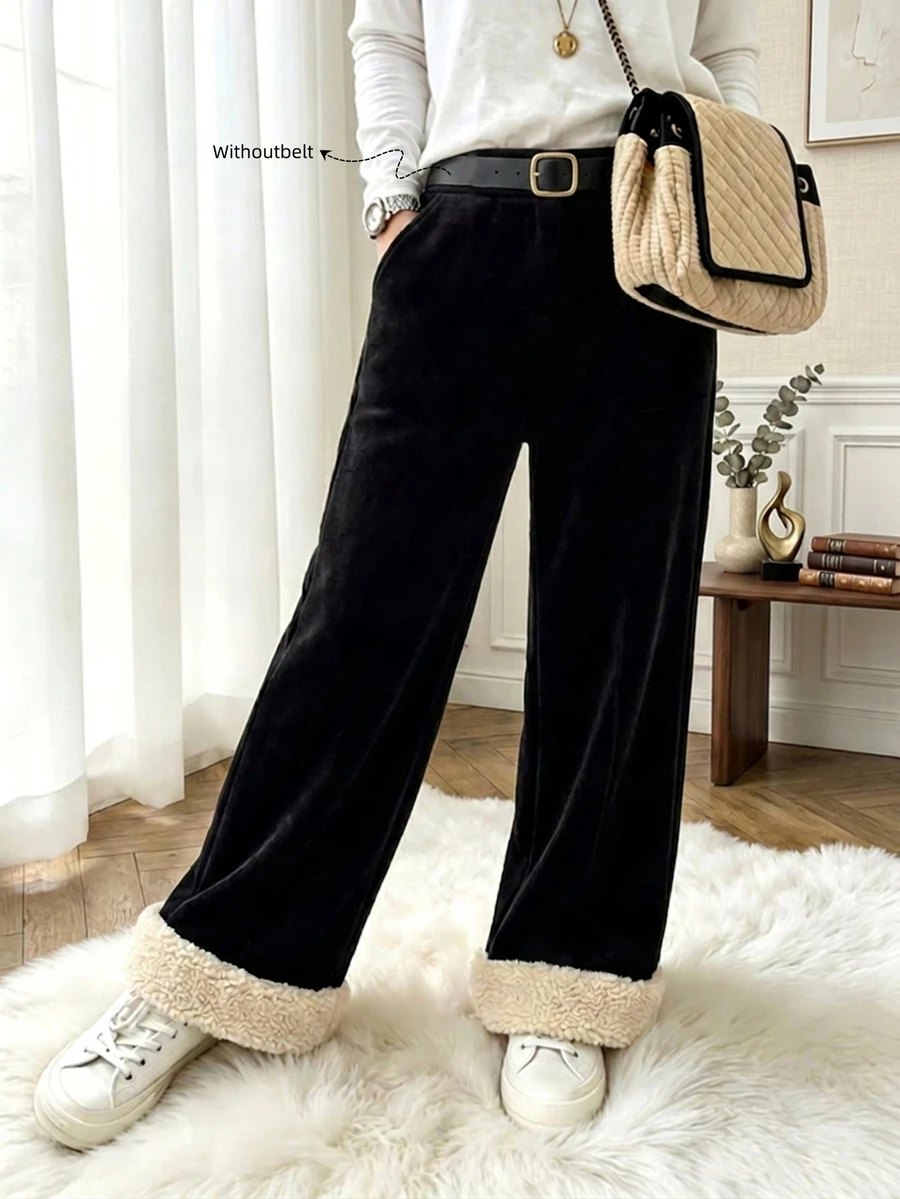 Zayélia Women's Patchwork Straight Leg Loose Fit Long Pants With Pockets, Autumn/Winter - Black - View 1