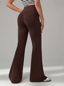 SHEIN Tall 女款純色休閒高腰喇叭褲，適合日常穿著 - 棕色 - 查看 2