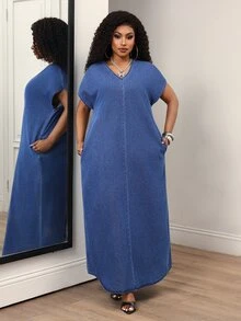 Slaydiva Plus Size Women's V-Neck Batwing Short Sleeve Casual Loose Denim Dress - Blue - View 4