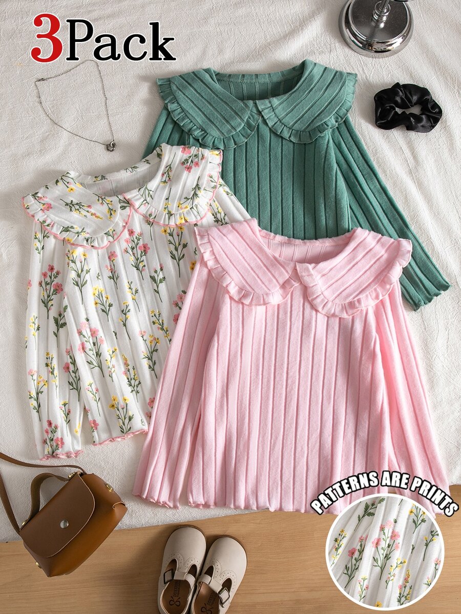 Young Girls T-Shirt, 3pcs/Set, Casual Fit, Daily Wear, Fashionable & Versatile, Crew Neck, Printed, Cute, Comfortable, Pattern, Autumn, Loose - Multicolor - View 1