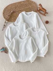 SHEIN 4件組男童休閒純白色棉混紡圓領長袖T恤，適合學校、內搭、外出等多用途，秋冬款 - 白色 - 查看 5