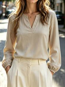 SHEIN Women's Autumn Cotton Linen Blend Shirt With Stand Collar, Split V-Neck, Lantern Long Sleeves, Suitable For Commuting, Travel, Daily Outings - Apricot - View 1